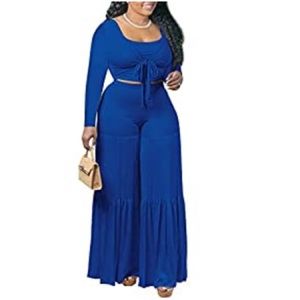 2-Piece Set Blue High Waisted Wide Leg Ruffle Pant Layered Tie Front Cropped